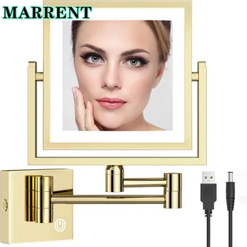 กระจกห้องน้ำพับได้แบบสัมผัสสี่เหลี่ยมพร้อม3X อุปกรณ์เสริมในห้องน้ำกระจกแต่งหน้ามีไฟ LED กระจกห้องน้ำ 1