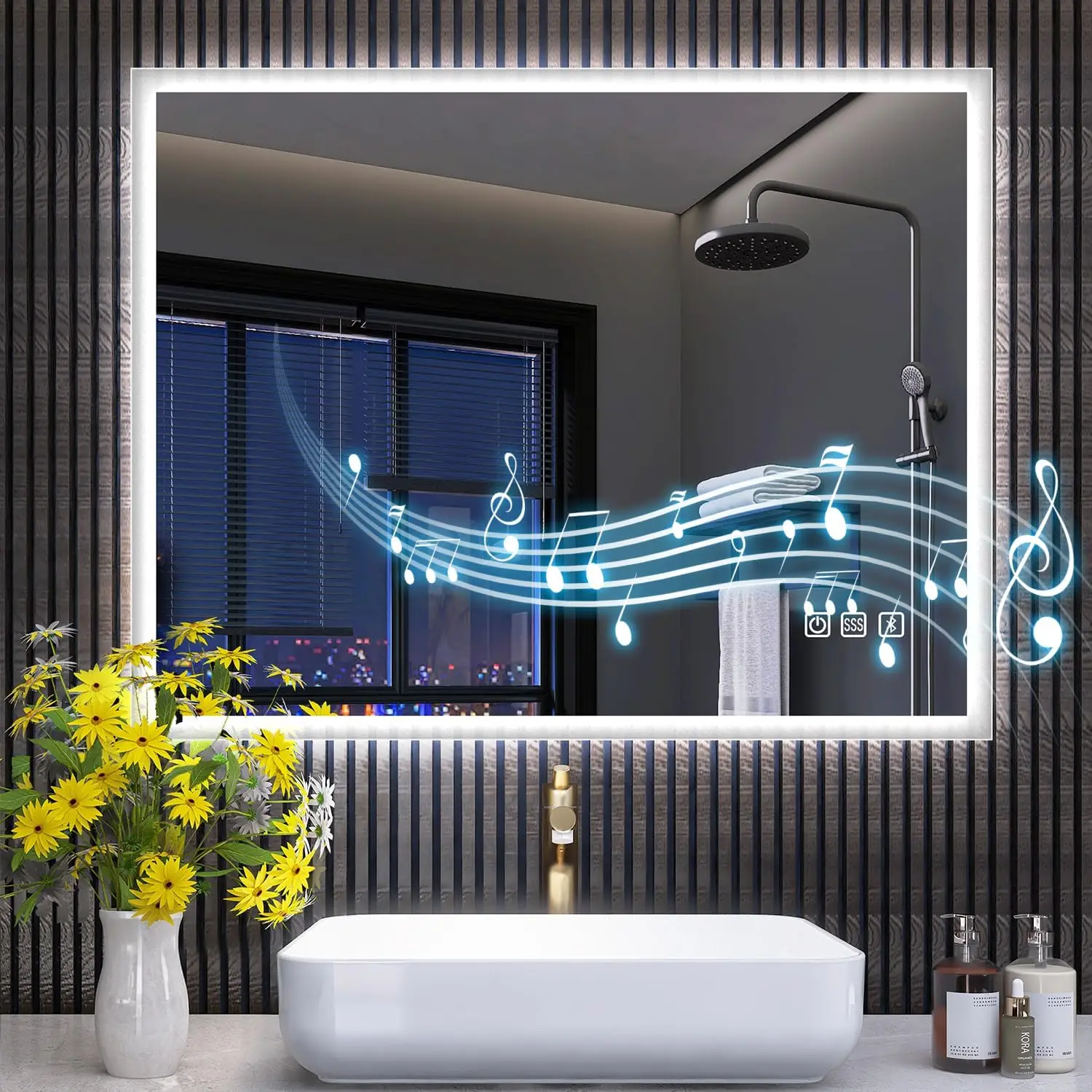 LED-Bathroom-Mirror, 28"x36" Bluetooth-Bathroom-Mirror-with-Lights, Anti-Fog 3 Colors Dimmable Light Memory Waterproof