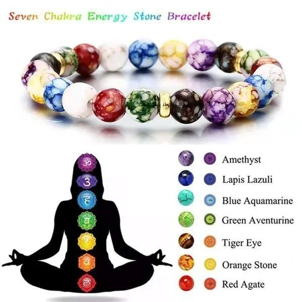 "Minimalist 7 chakra bracelet with earthy lava stones and vibrant crystals"