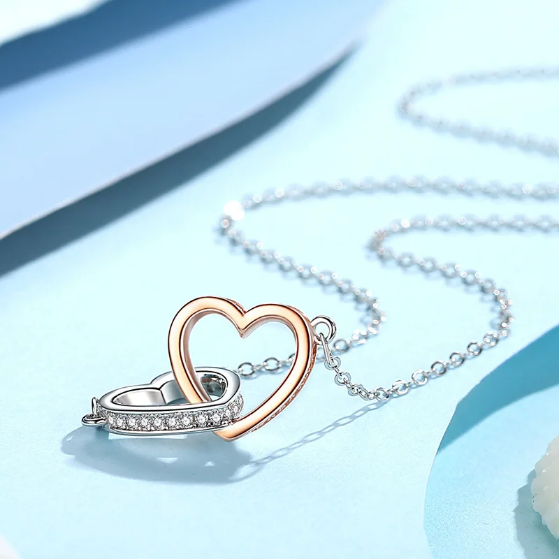 Love Necklace Sweet Pendant Pure Silver Simple Heart to Heart Collar Chain Women's Fashion Jewelry Gift