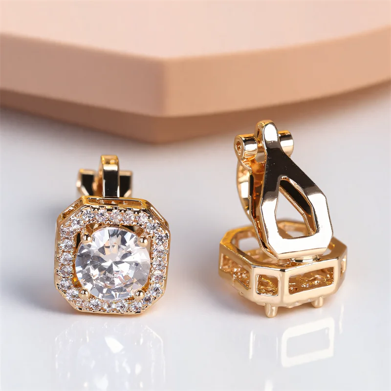 Trendy White Zircon Round Stone Clip Earrings For Women Vintage Gold Color Rainbow Crystal Earring 2025 New Fashion Jewelry Gift