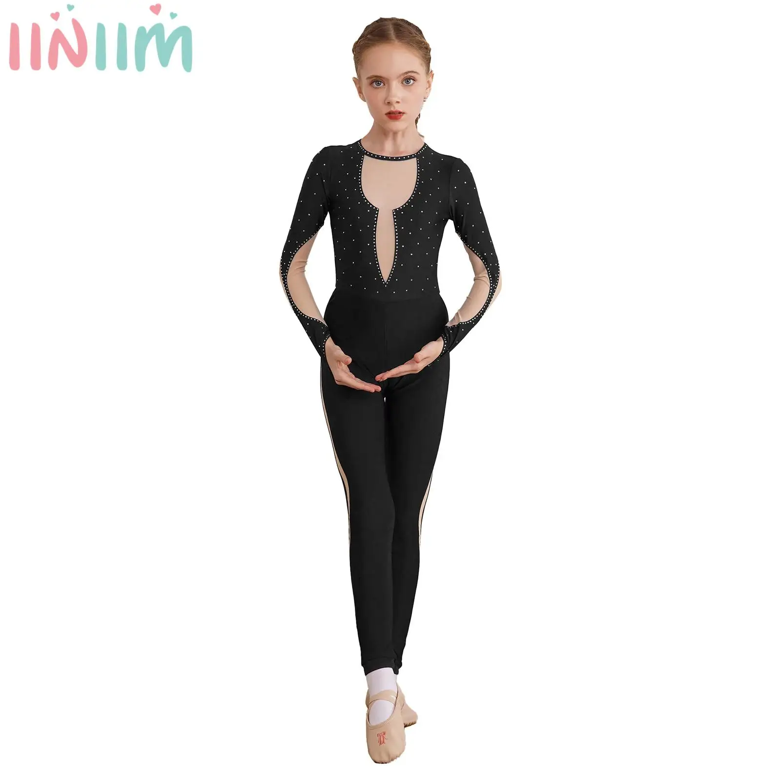 

Kids Girls Gymnastics Unitard Leotard Long Sleeve Keyhole Back Mesh Patchwork Figure Ice Skating Performance Costume Jumpsuit