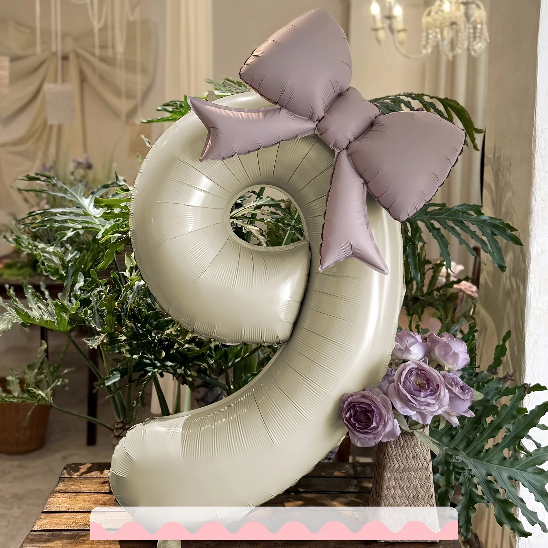 2 Stück/Set 32 Zoll Creme-Farbene Digital-Ballons mit Rosa Schleife aus Aluminiumfolie, Geeignet zur Dekoration von Outdoor-Partys und Geburtstagsfeiern – Detail 4