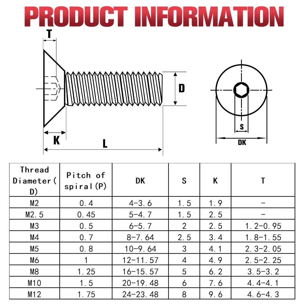 M2 M2.5 M3 M4 M5 M6 M8 M10 M12 DIN7991 Carbon Steel Hexagon Socket Flat Countersunk Head Screw Hex Socket Bolts Machine Screws Hexagon Socket Screws