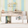 SOLID WOOD TWIN SIZE LOW LOFT BED WITH STAIR, DRAWER, AND SHELF FOR CREAM + WHITE COLOR 1