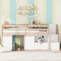 SOLID WOOD TWIN SIZE LOW LOFT BED WITH STAIR, DRAWER, AND SHELF FOR CREAM + WHITE COLOR 1