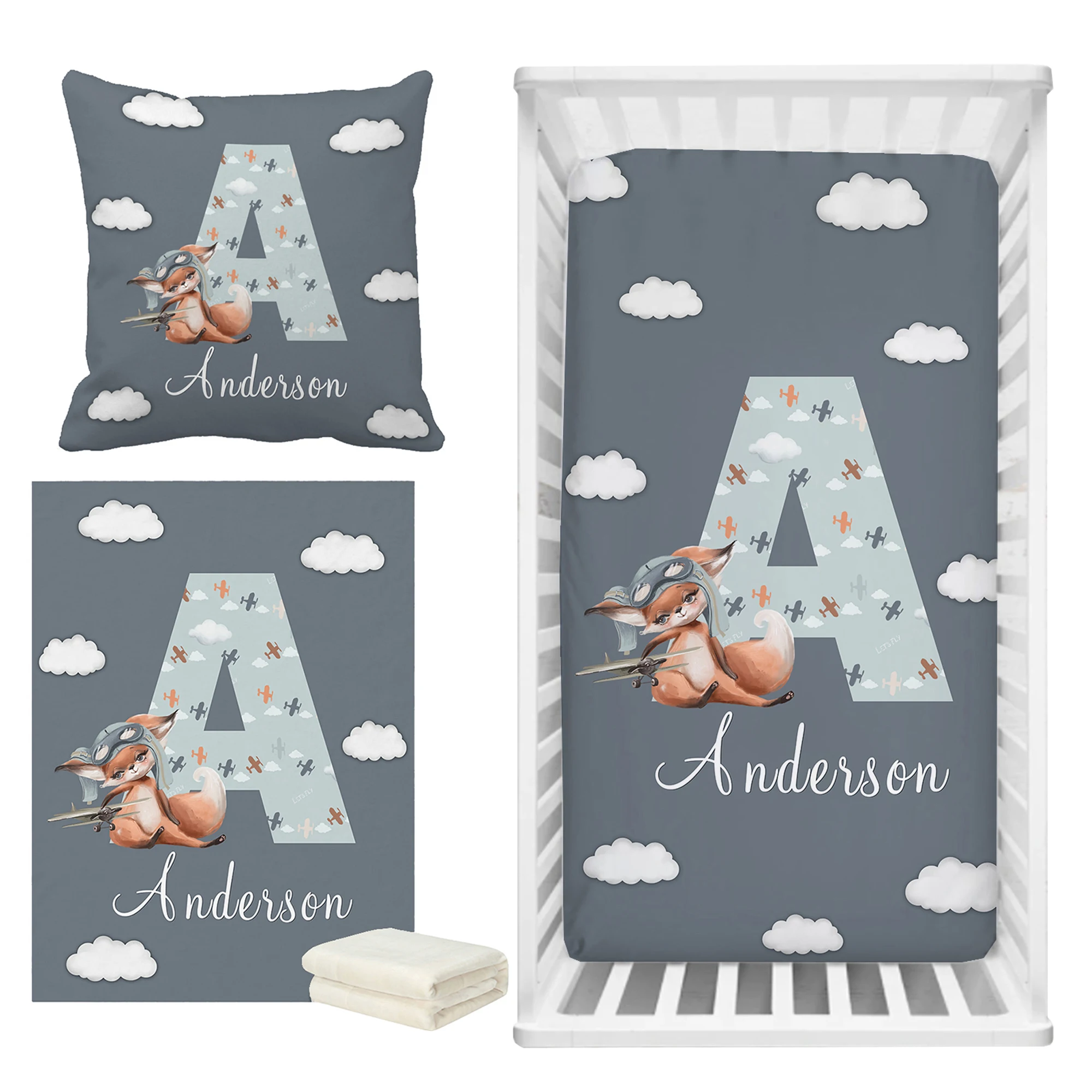 

LVYZIHO Capital Letter Airplanes Custom Name Bedding Set, Personalized Crib Bedding Set, Baby Shower Gift Crib Sheet Set