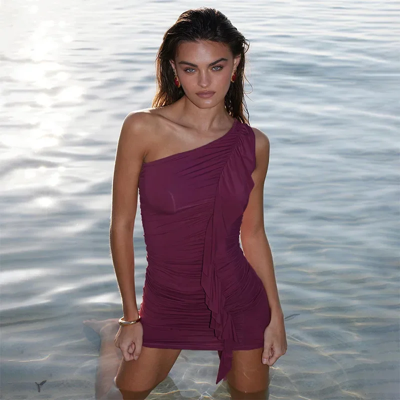 

Solid Color Pleated Sleeveless Short Skirt Asymmetric Lace Dress 2024 New Women's Sexy Sleeveless High Waisted Club Dress