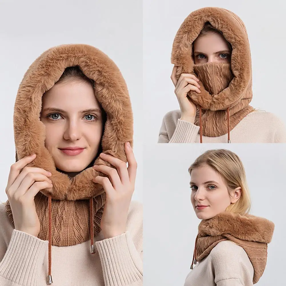Winter Fur Cap Mask Set Hooded for Women Knitted Cashmere Neck Warm Balaclava Ski Windproof Hat Thick Plush Fluffy_voghion.com