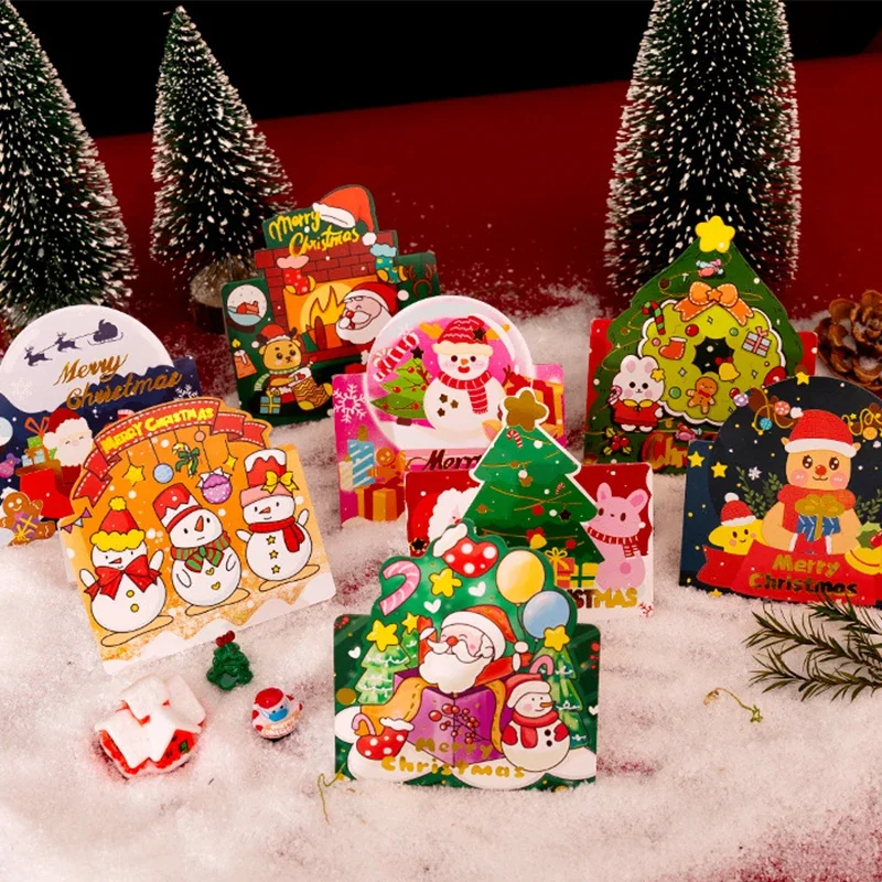 16pcs Cute Merry Christmas 3D Bronzing Paper Greeting Card Santa Claus Foldable Invitation Card for Christmas Theme Party Decor