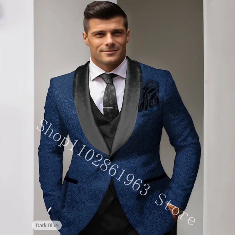 Burgundy Floral Wedding Groom Tuxedos 3 piece Slim fit Men Suits Formal Groomsmen Wedding Tuxedo Blazer+Vest+Pants Costume Homme
