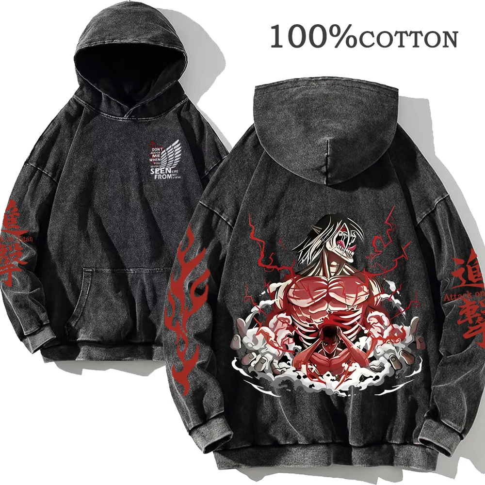 Anime Attack on Titan Hoodie 100% Cotton Mens Clothing Vintage Black Acid Wash Hoodies