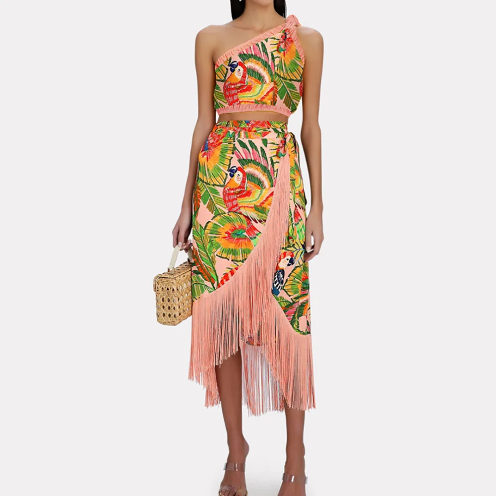 Women Floral Print Swimsuit Cover UP Two Piece Vintage Print Swimwear Monokini Bikini Swimsuits Tankini Set