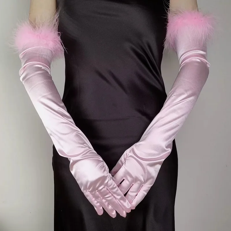

Summer UV Protection Long Pink White Satin Spandex Gloves For Women Fully Hand Cover Sunscreen Gloves For Women