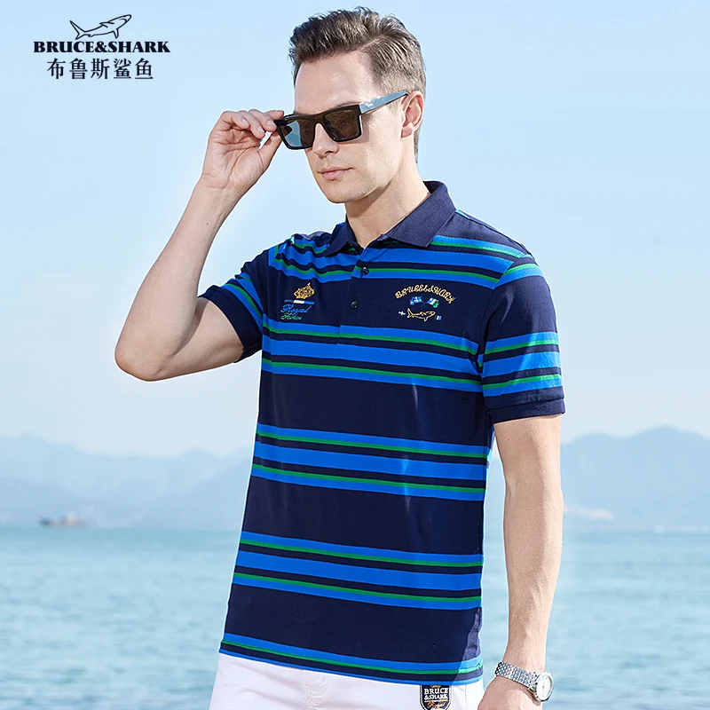 

2023 New Bruce&Shark Summer Men's Polos Striped Short Fashion Casual Loose regular Male Polo Shirt Super Quality Big size