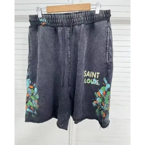 2024NOW Summer SAINT LOUIS Vintage Sketch Saint Louis Washed Shorts Men Women Knitted Drawstring Shorts