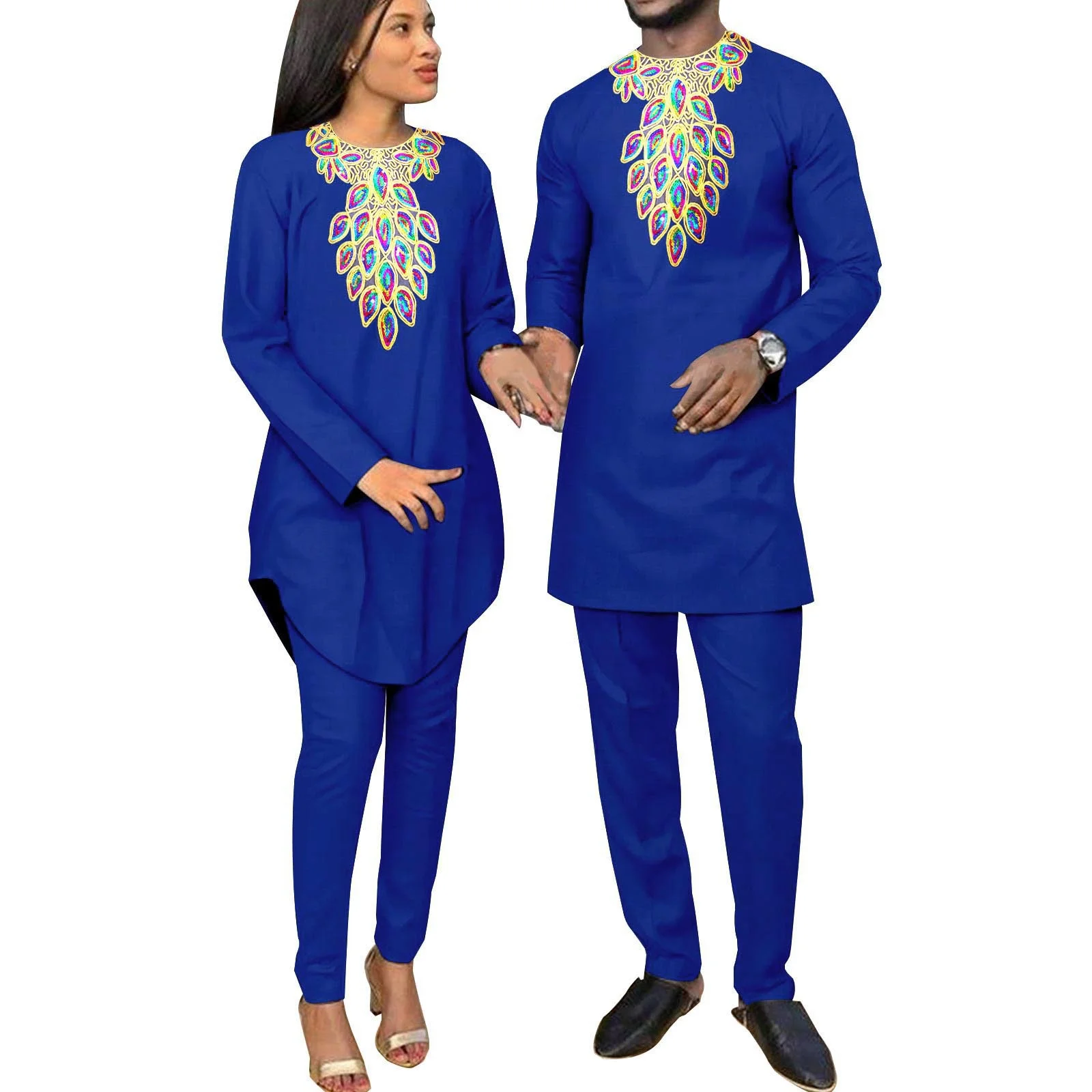 

African Matching Outfit for Couples Bazin Riche Men Jacquard Top and Pants Set Kaftan Dashiki Women Long Sleeve Outwear Wedding