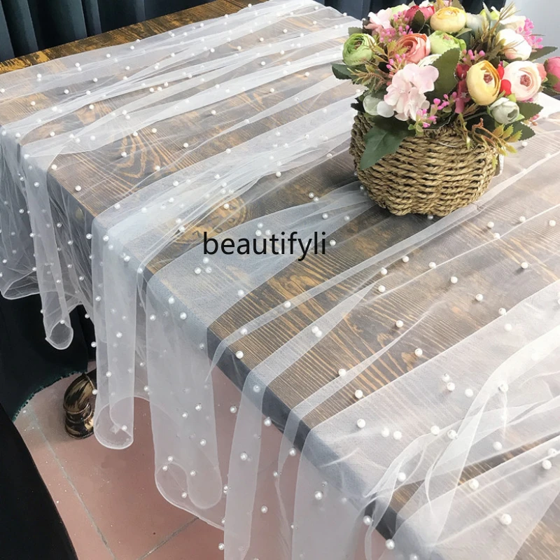 

HJ Background Fabric Dessert Tablecloth Pearl Yarn Curtain Fairy Style White Pearl Yarn Tablecloth