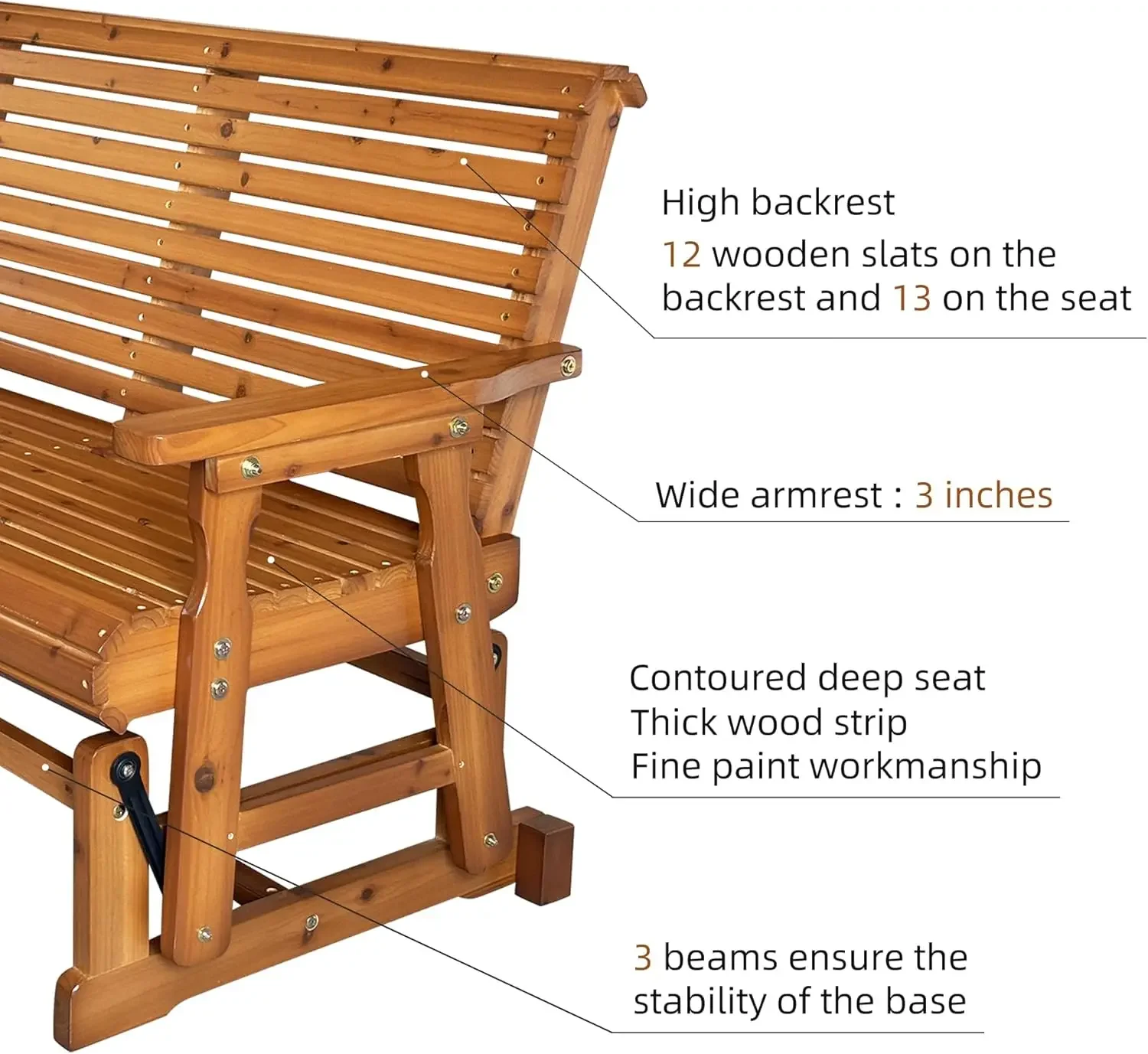 NEW-Fortune Candy Wooden Patio Glider with High Roll Back and Deep Contoured Seat, Solid Fir Wood, 2-Seater, Heavy Duty 800 LBS
