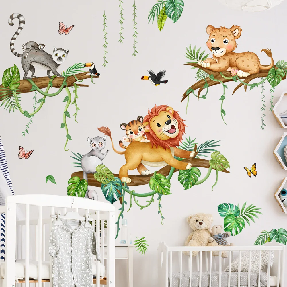 Cartoon Forest Animals Wall Sticker For Kids Room Bedroom Decoration Mural Cute Lion Raccoon Nursery Decor Self-adhesive Decals wall stickers vinyl decal stickers
