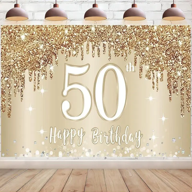 Happy 50Th Birthday Banner Sfondo Decorazione Oro Bianco 50 Sign Party Supplies Fixty Years Photo Booth Sfondo Poster