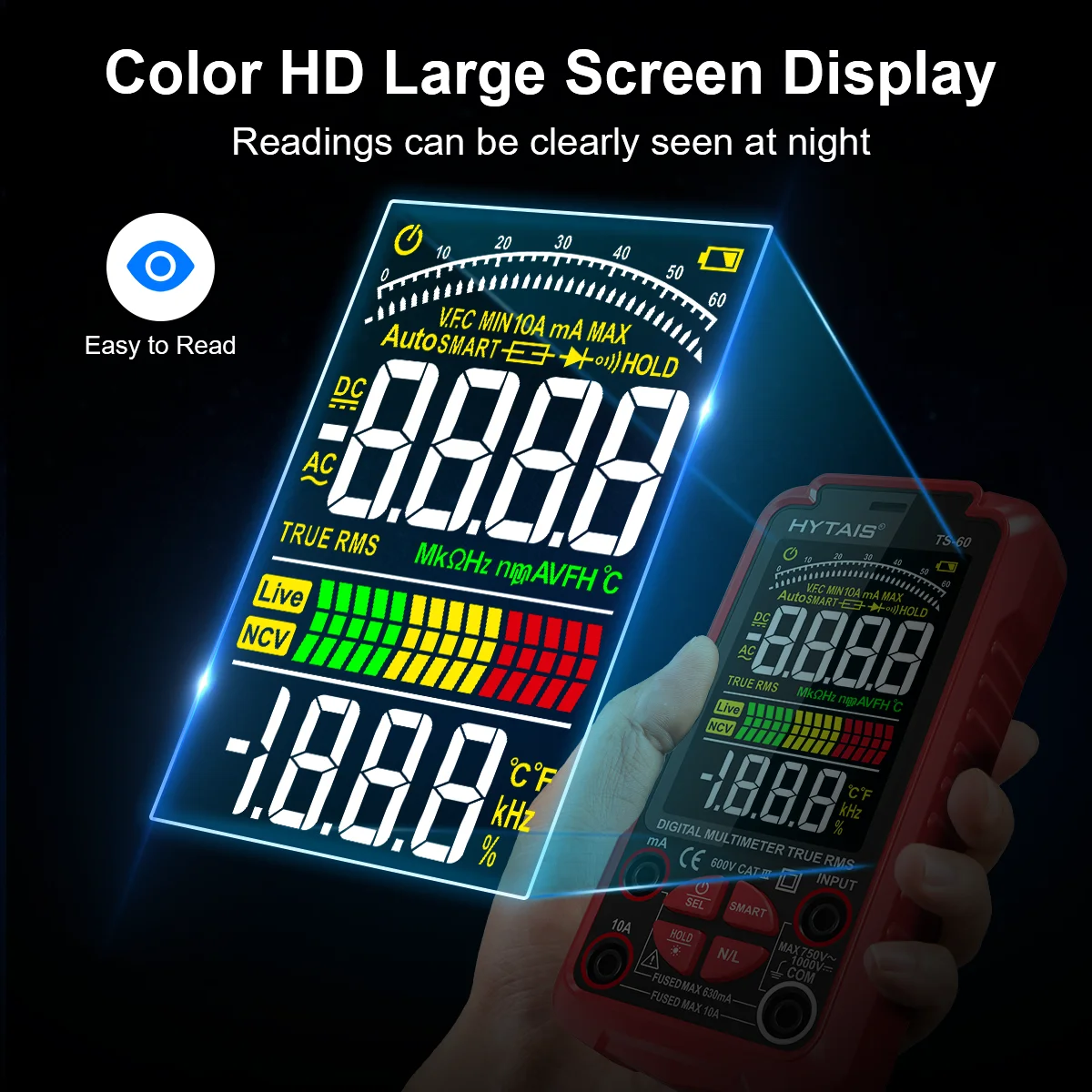 HYTAIS TS-60 Smart Multimeter 6000 Counts Color Screen TYPE-C Rechargeable VFC Measures Voltage Current Capacitance Resistance