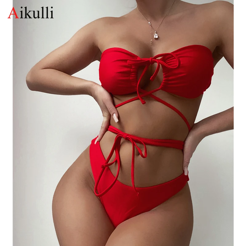

Sexy Red Off Shoulder Bikini Swimsuit Women Halter Bandage Bikini Set Push Up Swimwear 2022 Summer Beachwear Female Bathing Suit