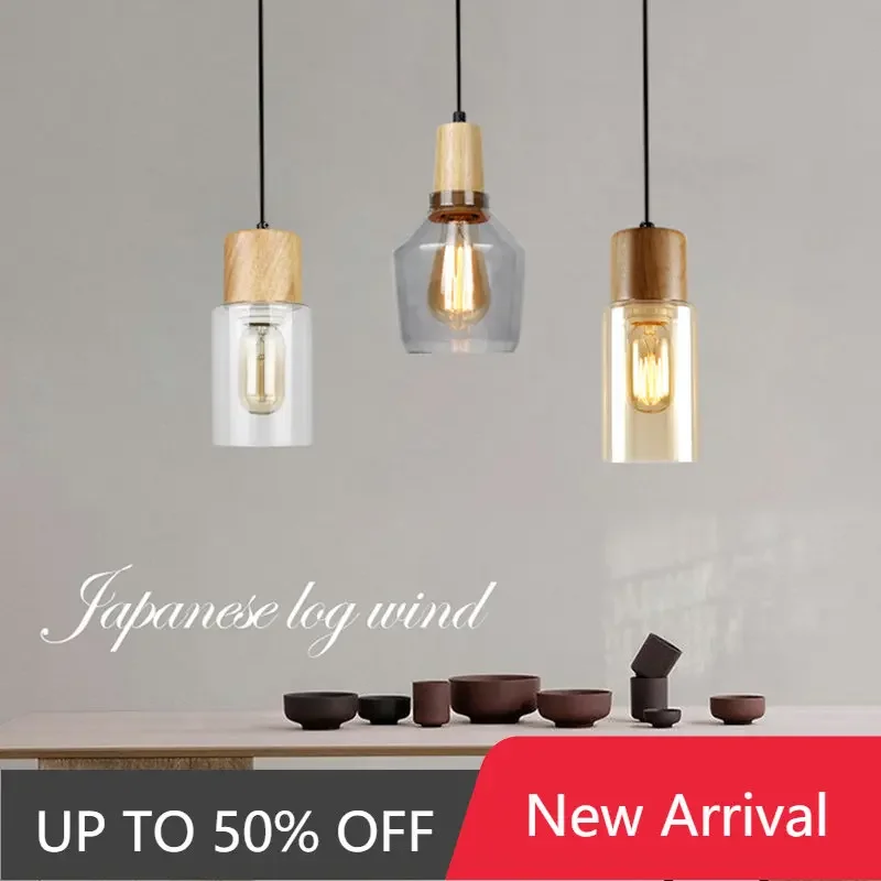 

Nordic LED Wood Glass Pendant Lights Modern Minimalist Chandeliers Cafe Transparent Book Hotel Bedside Restaurant Bar Lamps E27