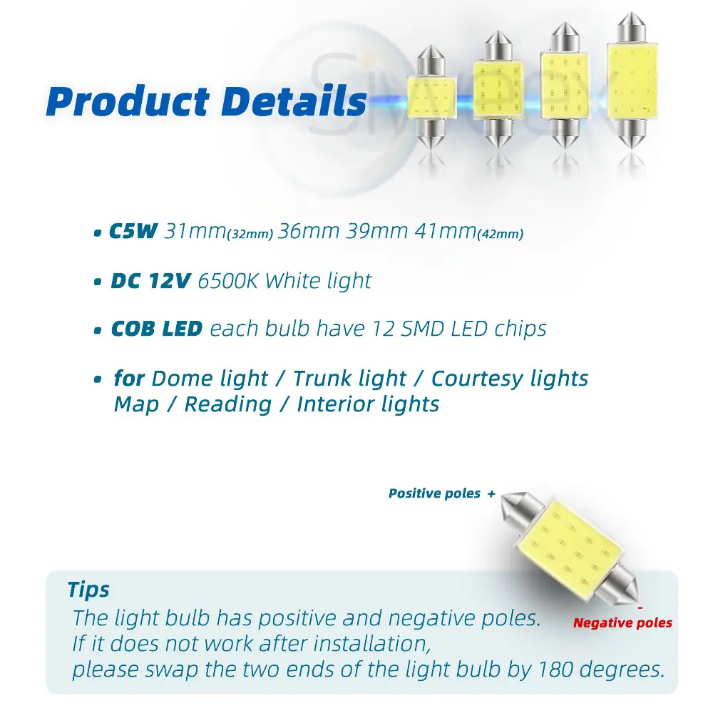 LED Car Lights C5W C10W 31mm 36mm 39mm 41mm/42mm Dome Festoon COB DC 12V White Blue Interior Reading License Plate Lights