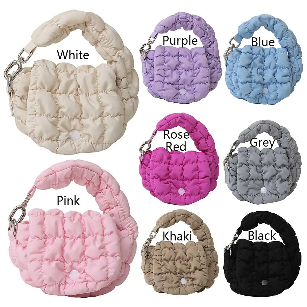 Mini Puffer Tote Bag for Women Quilted Wrist Handbag Nylon Padded Solid Color Clutch Purse for Work Travel Shopping