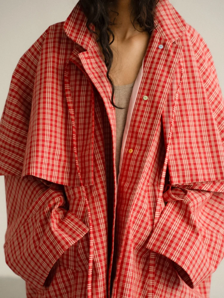 Women's Red Plaid Stand Collar Loose Checkered Windbreaker Jacket — photo 6