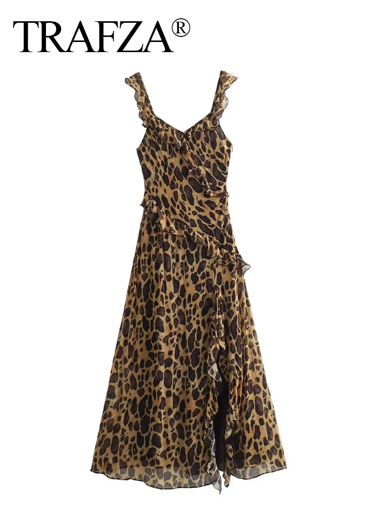 

TRAFZA Elegant Woman Chic V-Neck Sleeveless Backless Slim Beach Party Dress Women Summer Vintage Leopard Fold Print Long Dress