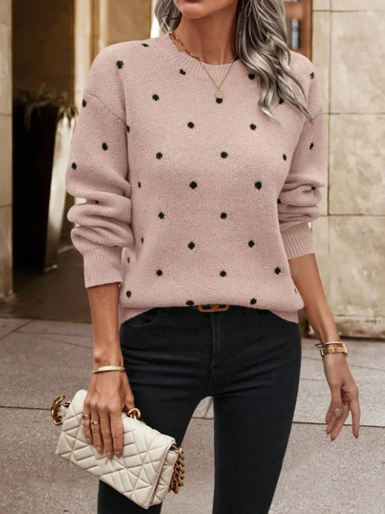 2025 Women Dots Pullover Sweaters Casual O-Neck Long Sleeve Knitting Loose Jumpers Female Warm Sweater Coat