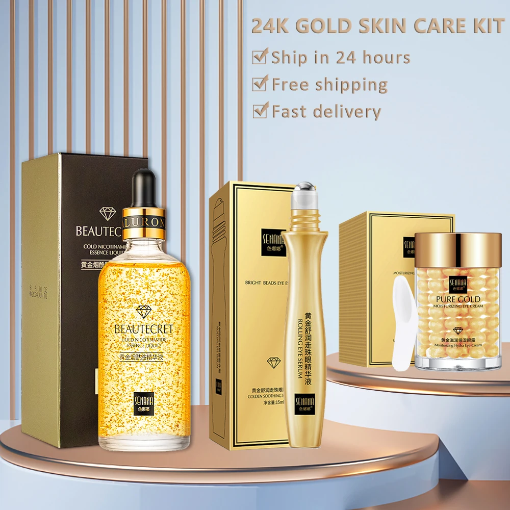 Kit Crema Viso 24K Gold Niacinamide Essence Rimuovi Occhiaie Siero Occhi Rassodante Crema Occhi Set Per La Cura Del Viso Cosmetici Coreani