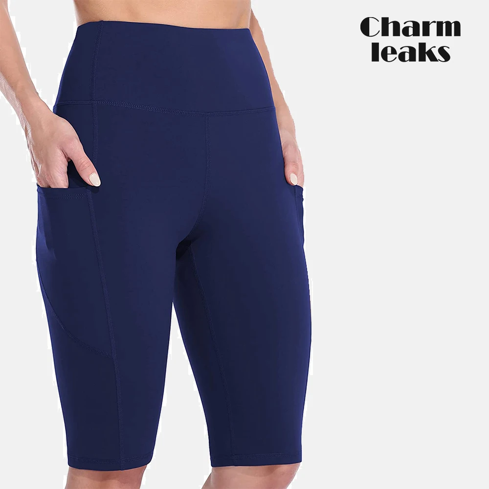 Women Yoga Shorts Jogging Fitness Solid Elastic High-Waist Fifth-Pants Running Cycling with Pockets Sporty Shorts