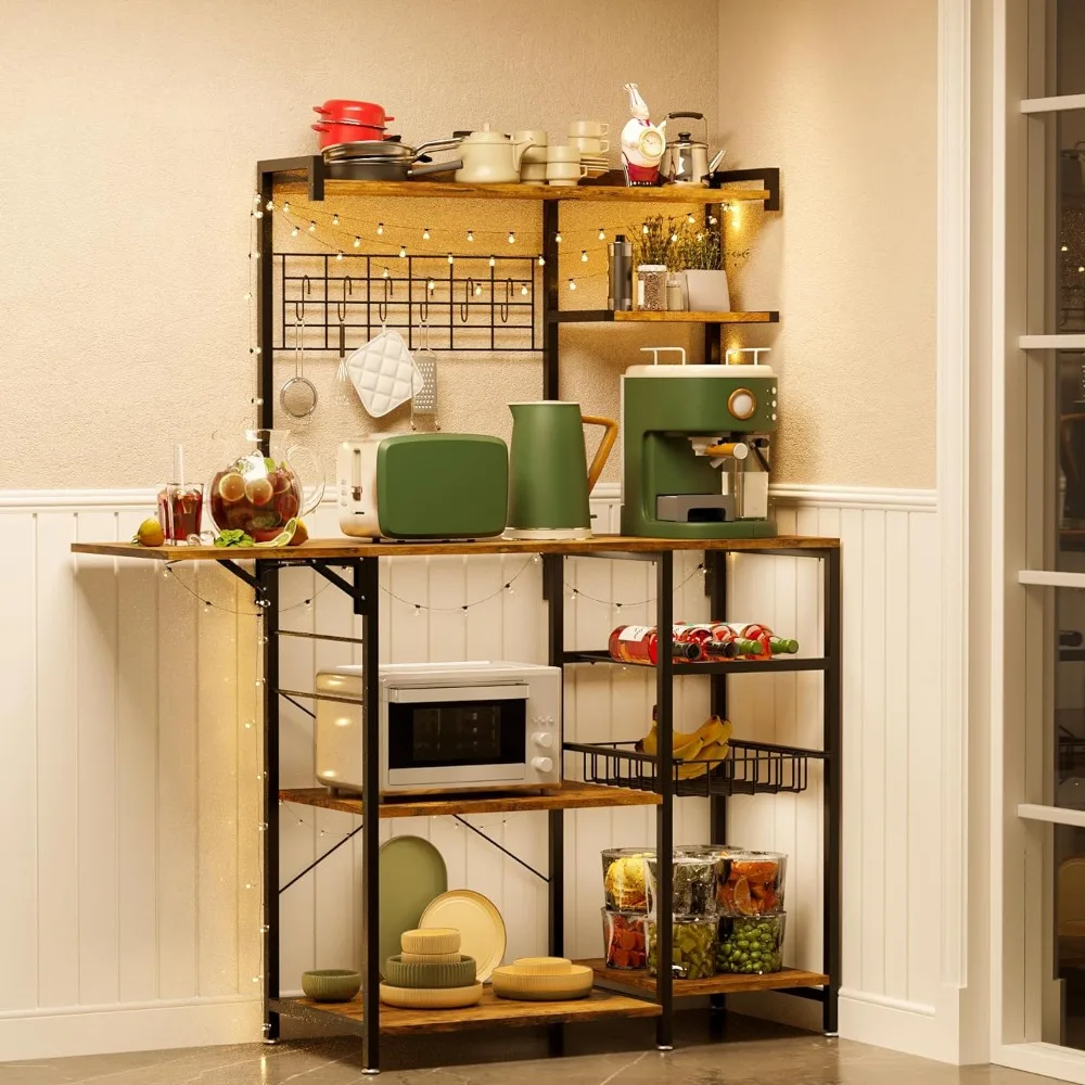 

Microwave Stand Bakers Rack with Storage and Coffee Bar - Kitchen Storage Rack Organizer and Shelf Rack with Wire Basket,6 Hooks