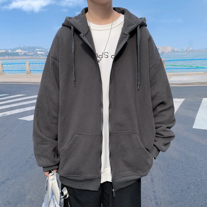 

Extfine Solid Color Men Zip-up Hoodies Fall New Clothing Coats Baggy Korean Style Casual Unisex Jackets Male Hooded Cardigan
