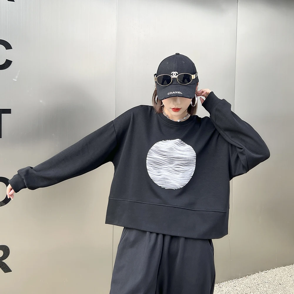 

230824 простой Женский свитшот с длинным рукавом и круглым вырезом, пуловер с принтом, Свободный Повседневный осенний женский топ, новинка 2023