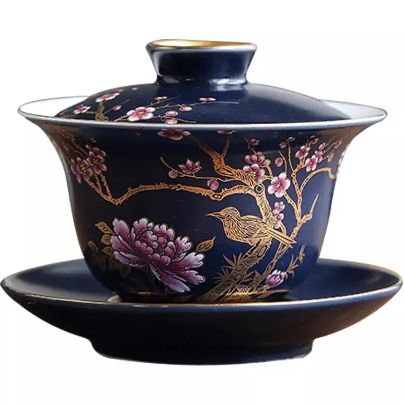 

Ceramic Tea Tureen Chinese Kung Fu Tea Set Outline In Gold Sancai Gaiwan Tea Cup Tea Bowl with Lid Golden Magpie Tea Maker
