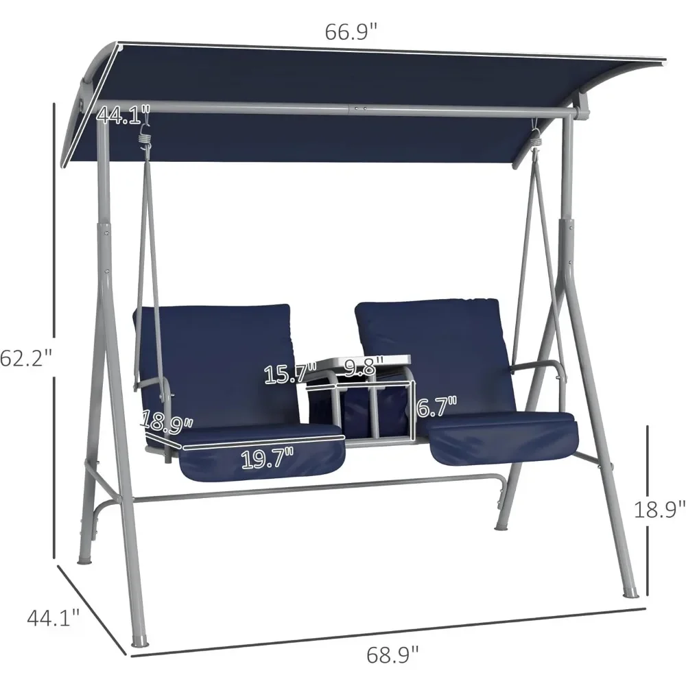 2 Person Porch Swing with Stand, Outdoor Swing with Canopy, Pivot Storage Table, 2 Cup Holders, Cushions for Patio, Backyard 3