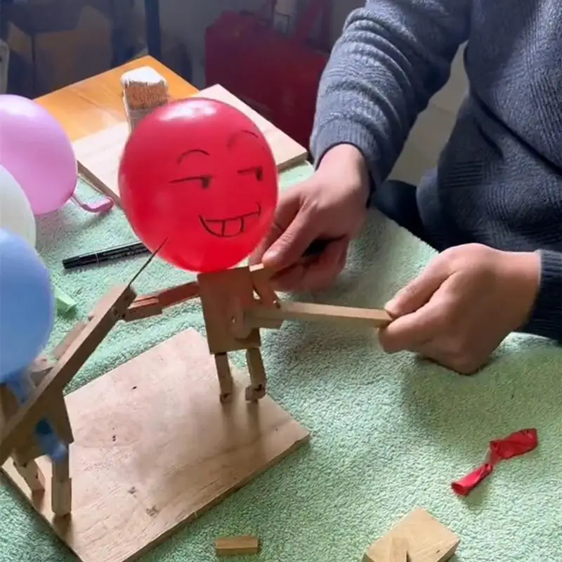Balloon Bamboo Man Battle Handmade Woodbots Wooden Fencing Puppets