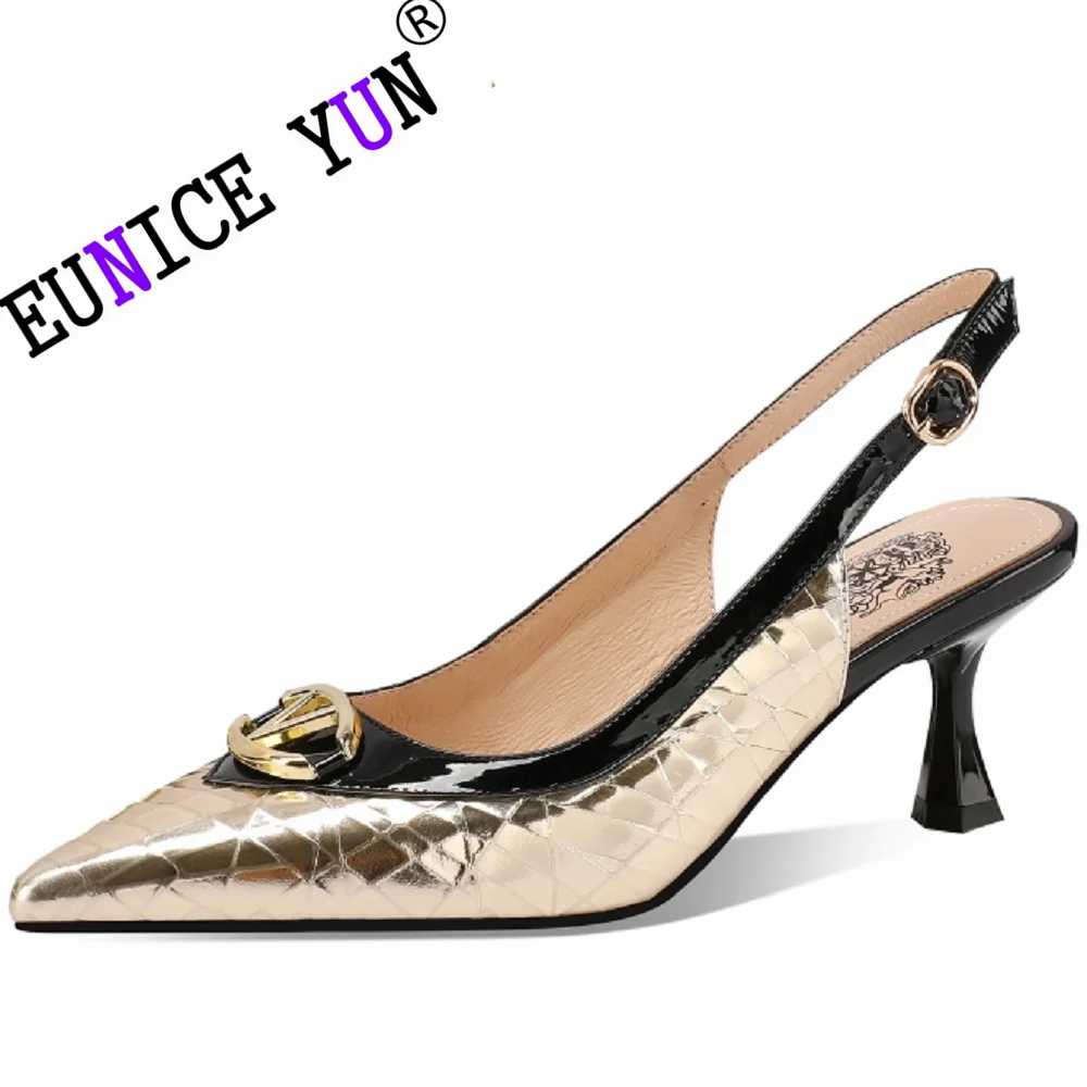 

【EUNICE YUN】Brand Genuine Leather Metal Decorated High Heels Fashionable New Elegant Comfortable Banquet Stiletto Sandals 33-43