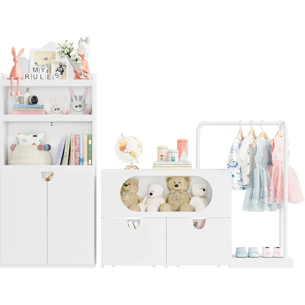 Toy Storage Organizer with Clothes Rail, Combination Type Kids Bookshelf and Bookcase  Box with Wheels, Toddler Bookshelf 6