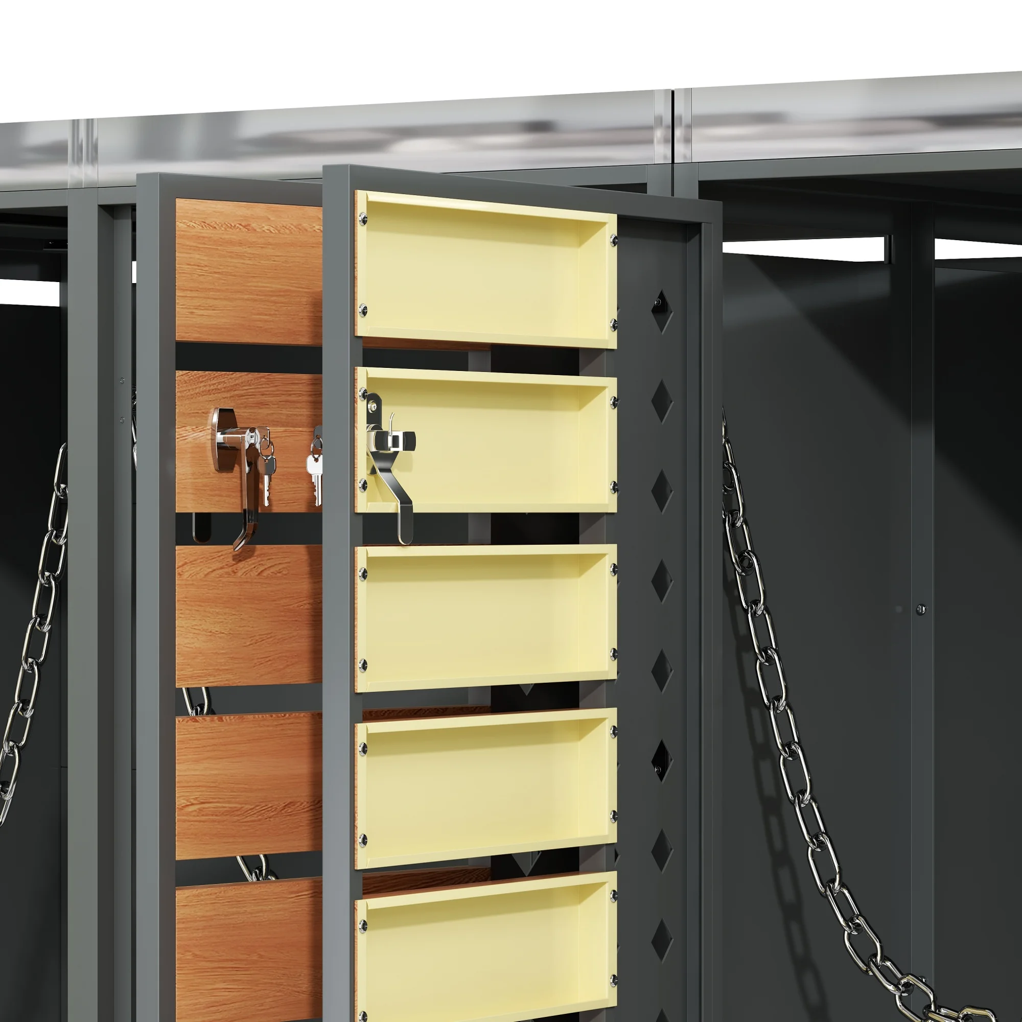 Mülltonnenablage, horizontale Holzmaserungsplatten, abschließbar, vier Türen, Pflanzfläche, rautenförmiges Hohltürpaneel – Detail 18