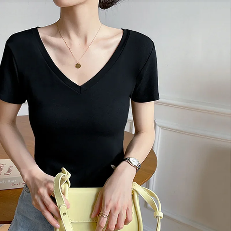 

2022 Summer V Neck Short Sleeve T-shirt Women gray22