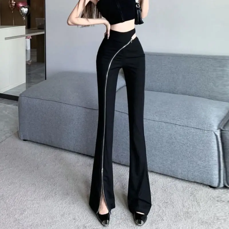 Women's Spring and Autumn New Fashion Elegant Solid Color Zipper Splice Casual Sexy Commuter High Waist Straight Horn Pants