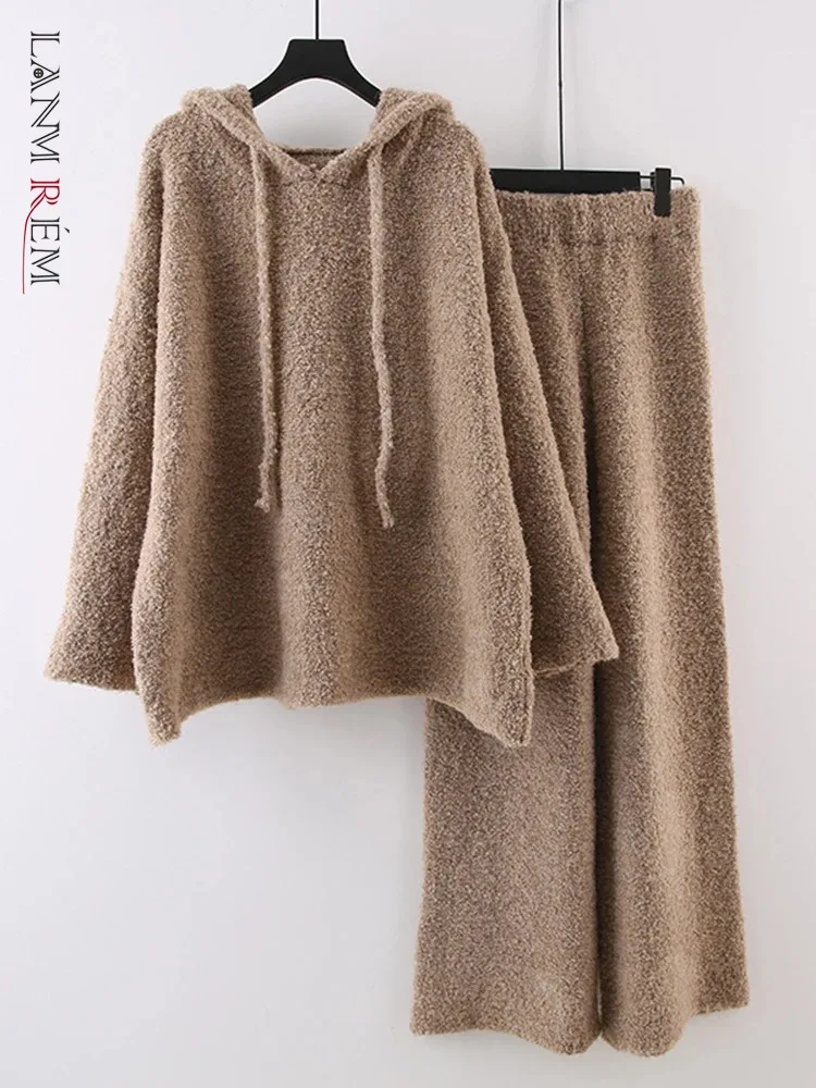 

LANMREM Fashion Knitted Solid Color 2 Piece Set Women Hooded Sweater Wide Leg Trousers Casual Female New Clothing 2AA4492