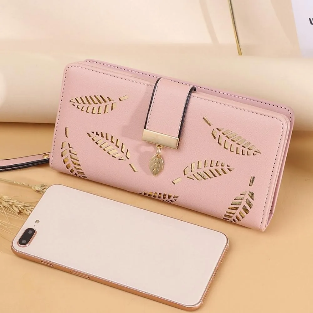 Luxury Pu Leather Women Wallets Long Hasp Fold-Over Pattern Coin Purses Hollow Leaf Zipper Buckle Solid Colors New Thin Clutch