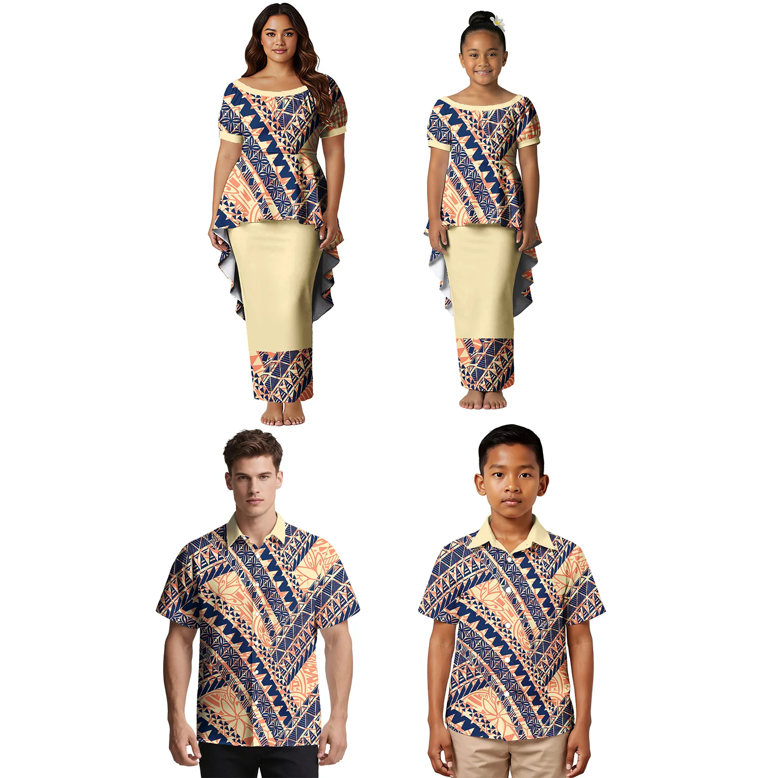 Clothing Custom Hawaiian Matching Family Outfits Samoan Swallow-tail Hem Puletasi Dress Polynesian Turn-down Collar Shirt Family