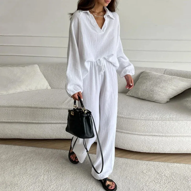 Elegant women's casual loose fitting set, women's long sleeved top+drawstring pants set, spring and autumn lapel two-piece set
